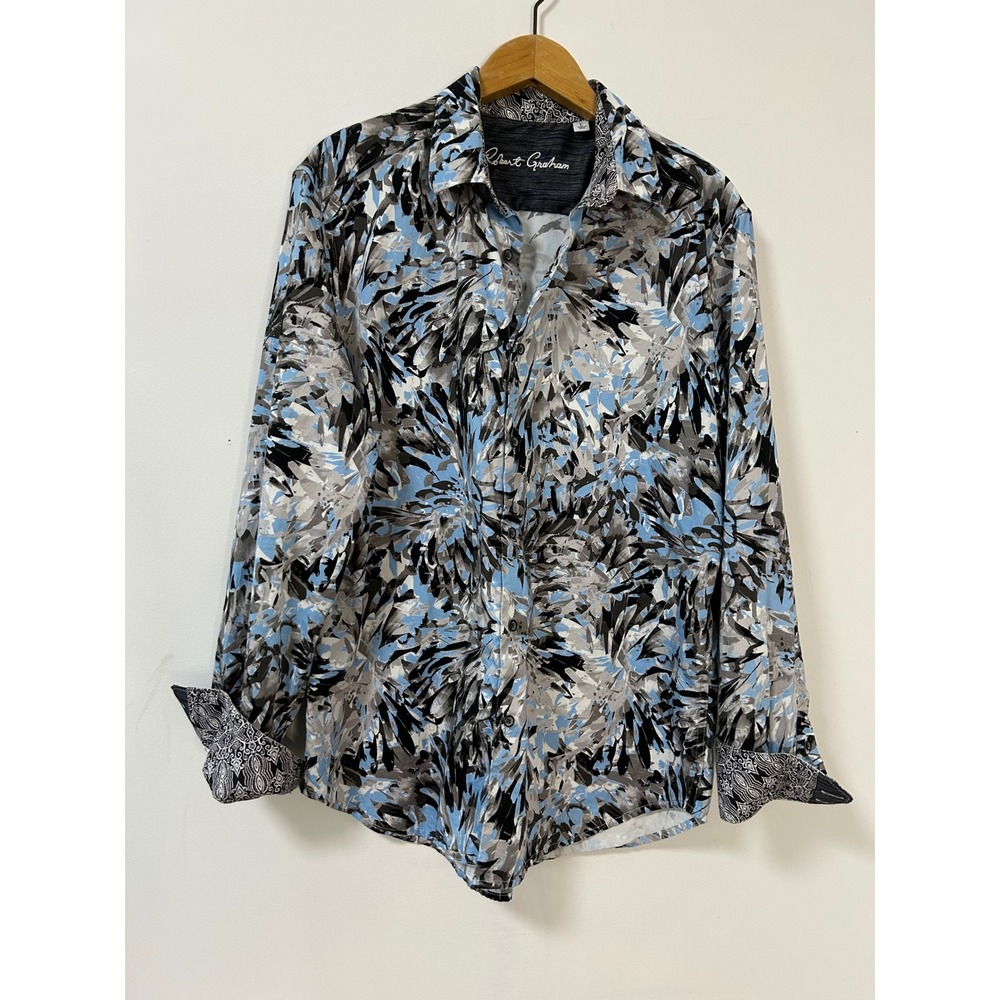 Robert Graham Buron Abstract Floral Shirt Mens L Blue Grey Button Up Long Sleeve